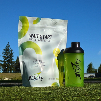 Wait start, boisson d'attente, avec un shaker, de la marque 1Defy nutrition sportive made in bourgogne