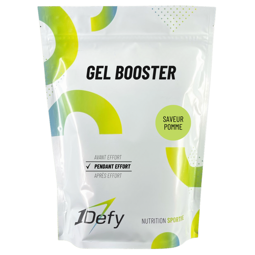 Gel Booster, gel énergétique pendant effort, saveur pomme, 1Defy Nutrition Sportive Made in Bourgogne