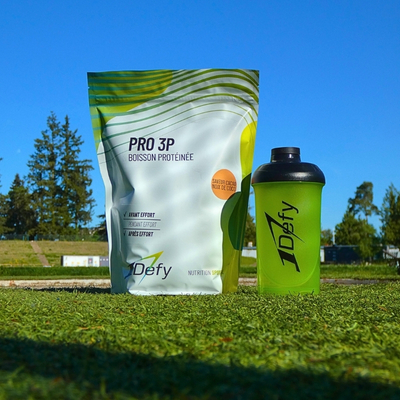 Sachet de Pro 3P saveur cacao coco avec un shaker 1Defy Nutrition Sportive Made in Bourgogne