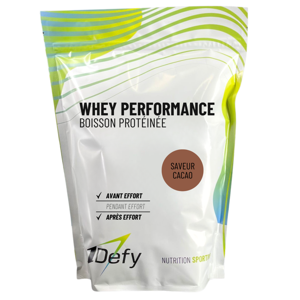 Whey performance française, protéines en poudre française, saveur cacao, 1Defy Nutrition Sportive Made in Bourgogne Made in France