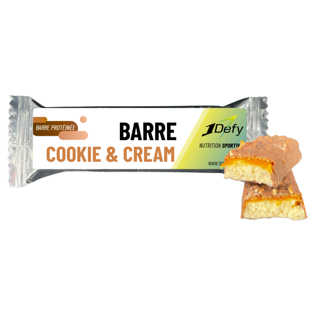 Barre protéinée Cookie and Cream, barres protéinées fondantes et gourmandes, 1Defy nutrition sportive Made in Bourgogne, Made in France