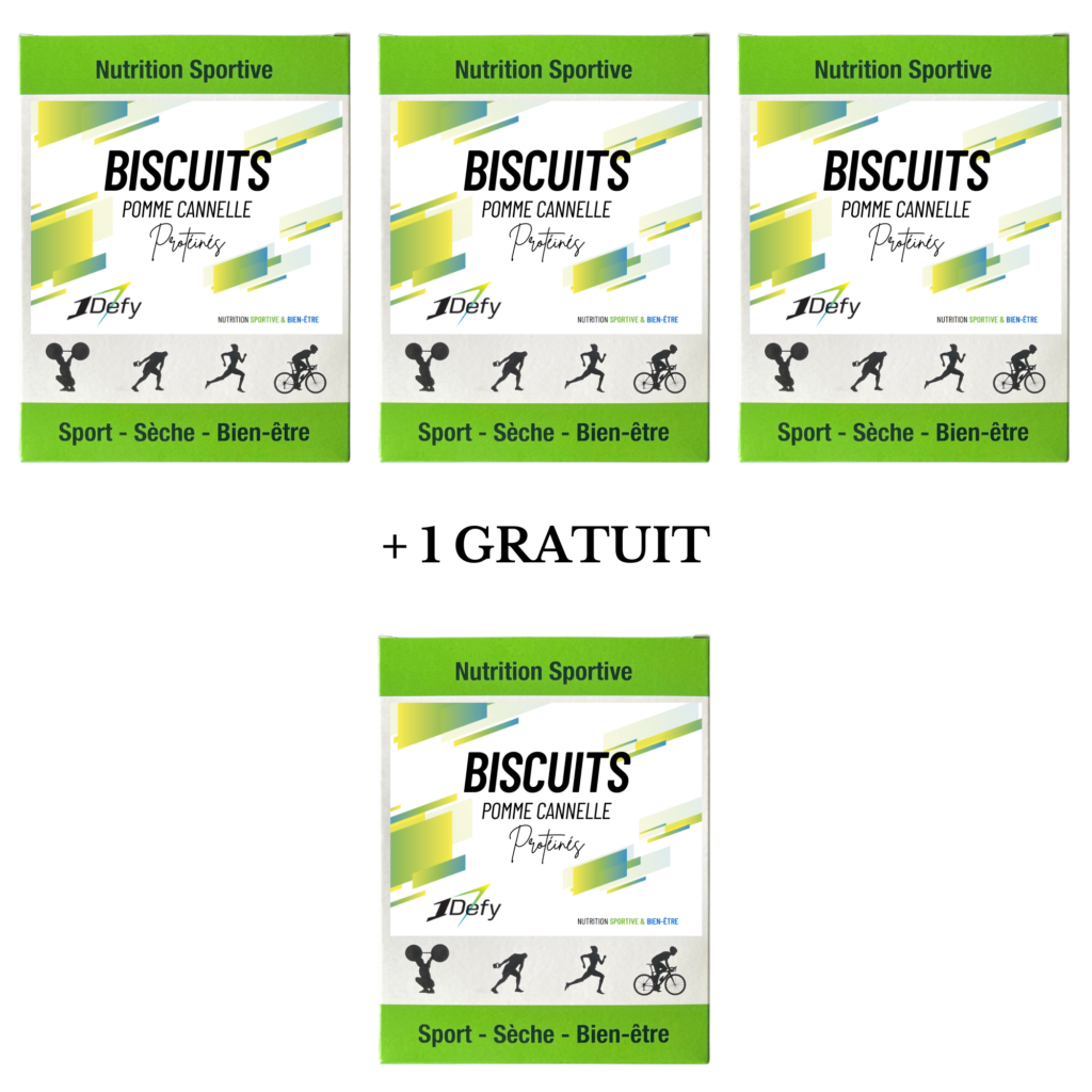 Boite de 20 biscuits protéinés pomme cannelle, offre 3+1 gratuit, 1Defy, Nutrition Sportive Made in Bougogne, Made in France