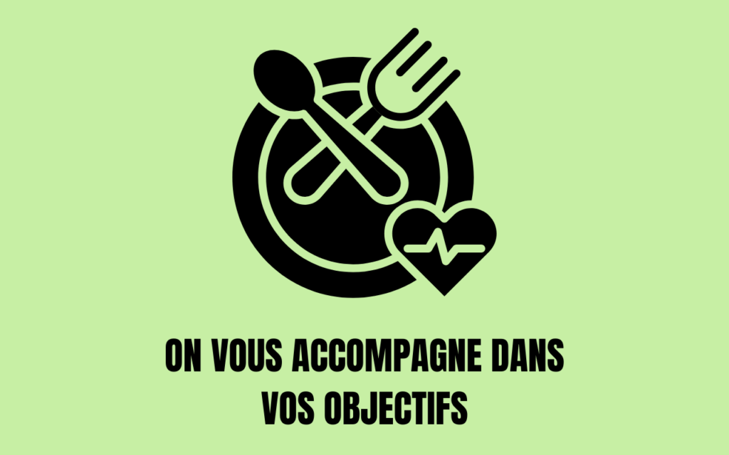 Icône 1Defy représentant une assiette, des couverts et un cœur avec un tracé d'électrocardiogramme, accompagnée du texte 'On vous accompagne dans vos objectifs'. Illustration de notre service de coaching et suivi nutritionnel sur mesure.