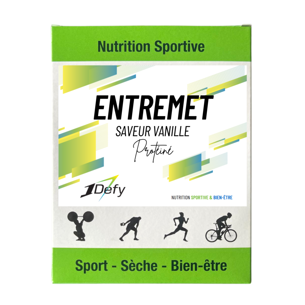 Entremet protéiné saveur vanille, flan protéiné saveur vanille, Boite de 5 sachets, 1Defy nutrition sportive Made in Bourgogne, Made in France