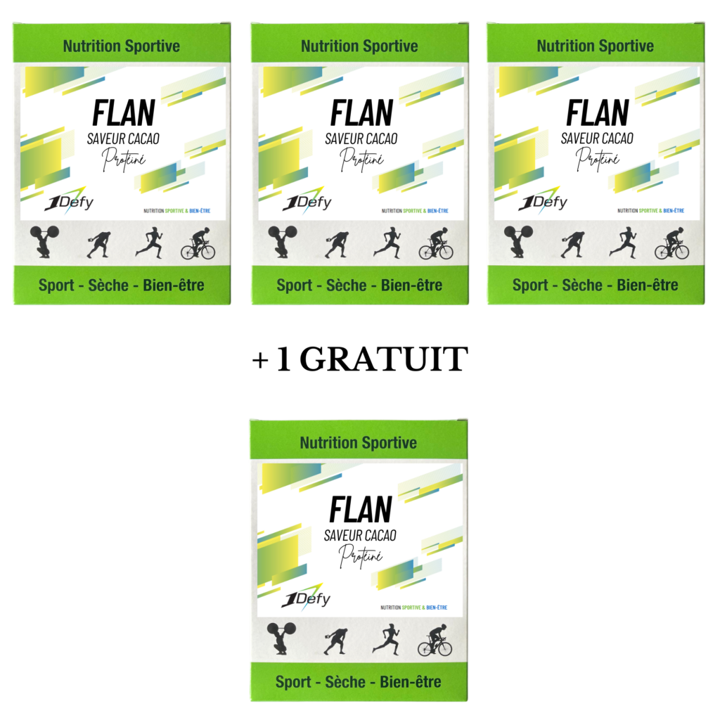 Flan protéiné saveur cacao, flan gourmand, boite de 5 sachets individuels, Offre 3+1 gratuit, 1Defy Nutrition sportive Made in Bourgogne, Made in France
