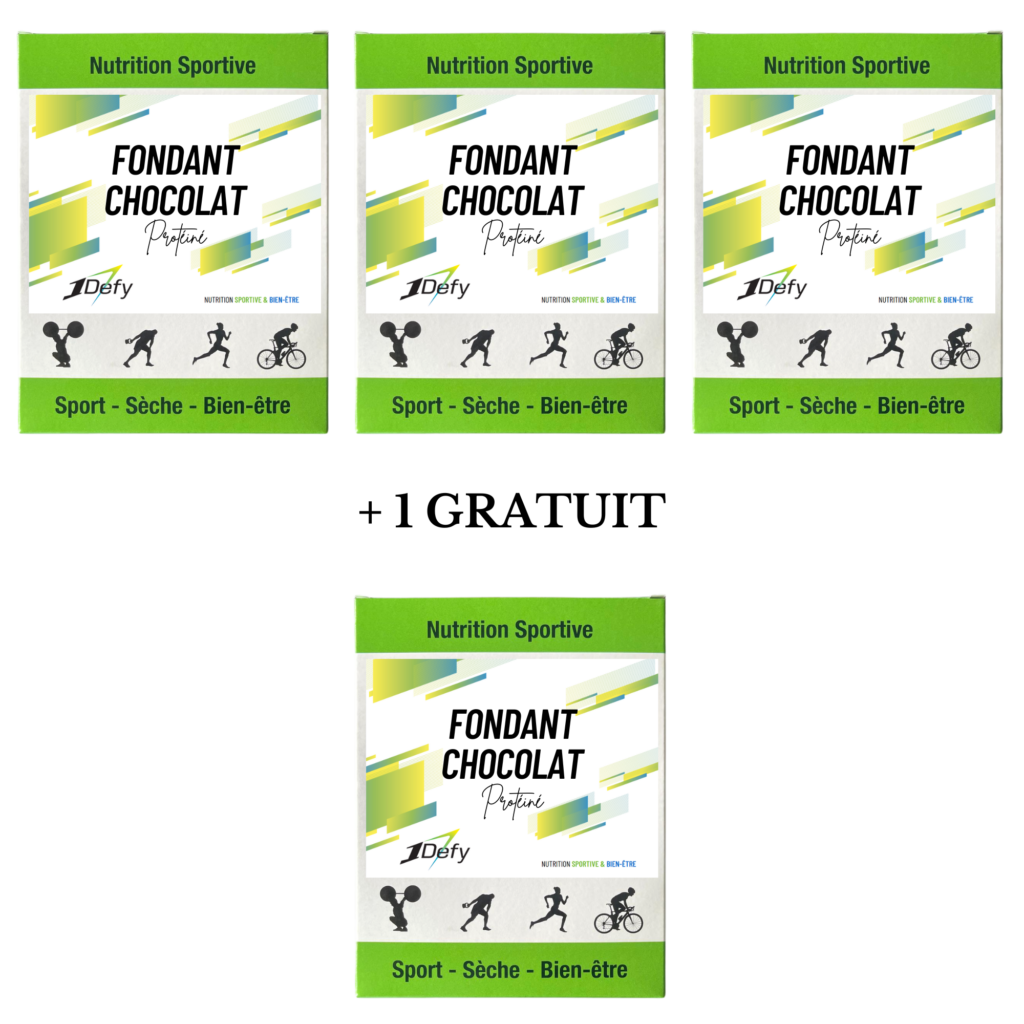 Fondant au chocolat protéiné, gâteau au chocolat protéiné, coulant au chocolat protéiné, boite de 5 sachets, offre 3+1 gratuit, 1Defy nutrition sprotive Made in Bourgogne, Made in France