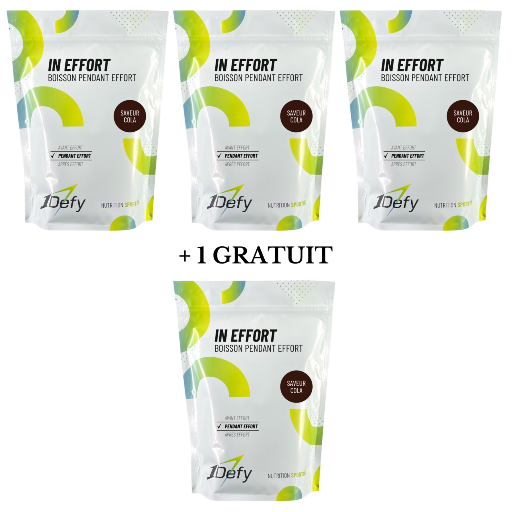 In effort, boisson isotonique pendant effort, saveur cola, offre 3+1 gratuit, 1Defy nutrition sportive Made in Bourgogne, Made in France