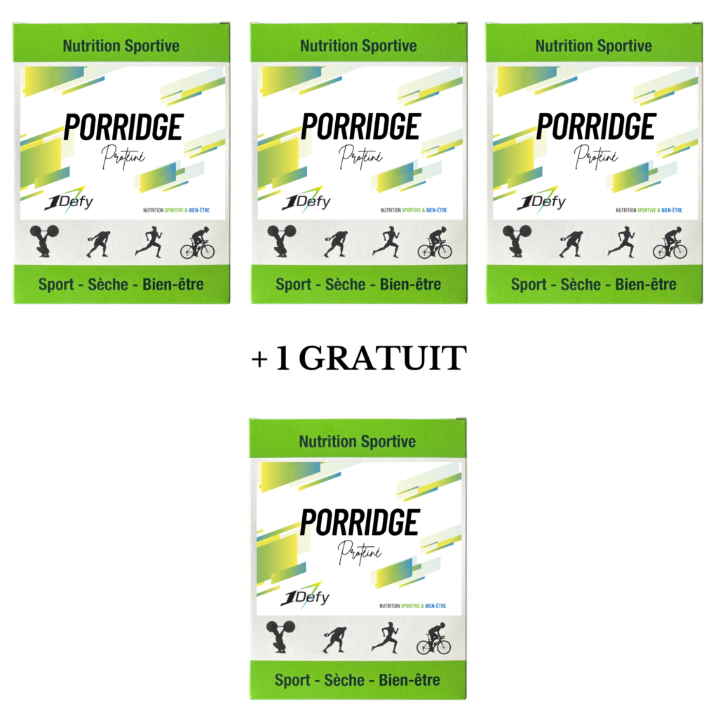 Porridge protéiné sans gluten, boite de 5 sachets individuels, offre 3+1 gratuit, 1Defy Nutrition Sportive Made in Bourgogne, Made in France