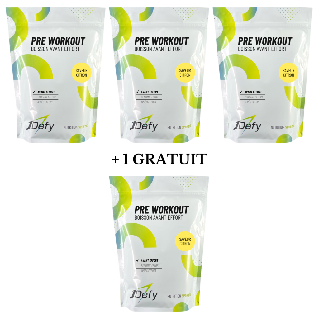 Pre Workout saveur citron, Boisson avant effort, offre 3+1 gratuit, Pre Workout sans caféine, énergie, 1Defy Nutrition Sportive Made in Bourgogne, Made in France