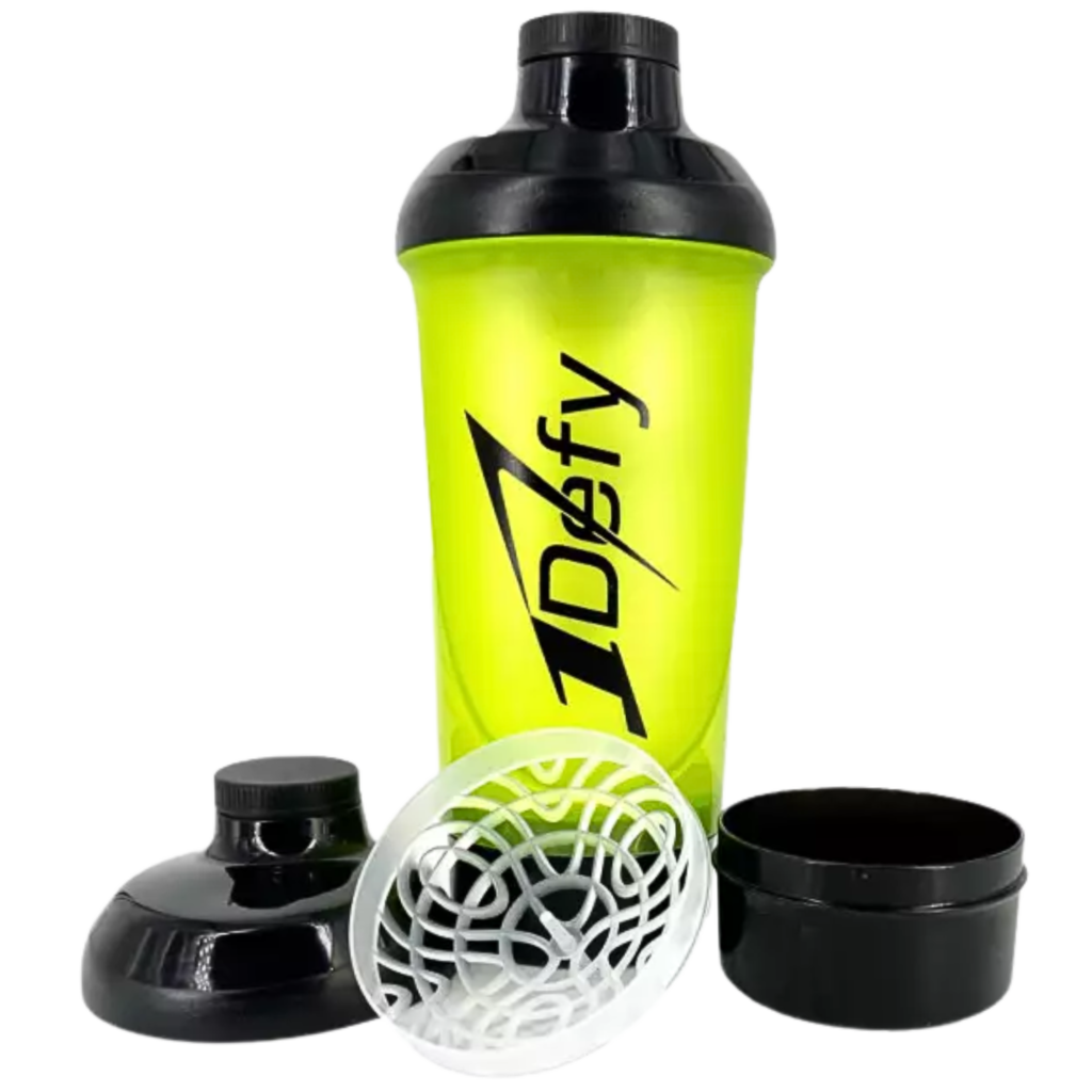 Shaker 600 ml 1Defy pour boisson avant, pendant et après l'effort, accessoires composants le shaker, 1Defy Nutrition Sportive Made in Bourgogne, Made in France