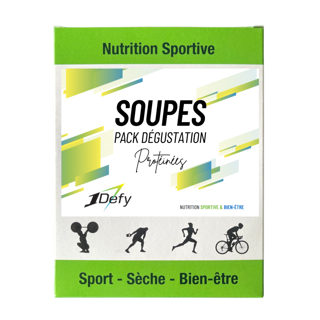 Soupes protéinées, pack de dégustation, tomate, champignon, légumes, poulet curry, 1Defy Nutrition Sportive Made in Bourgogne, Made in France