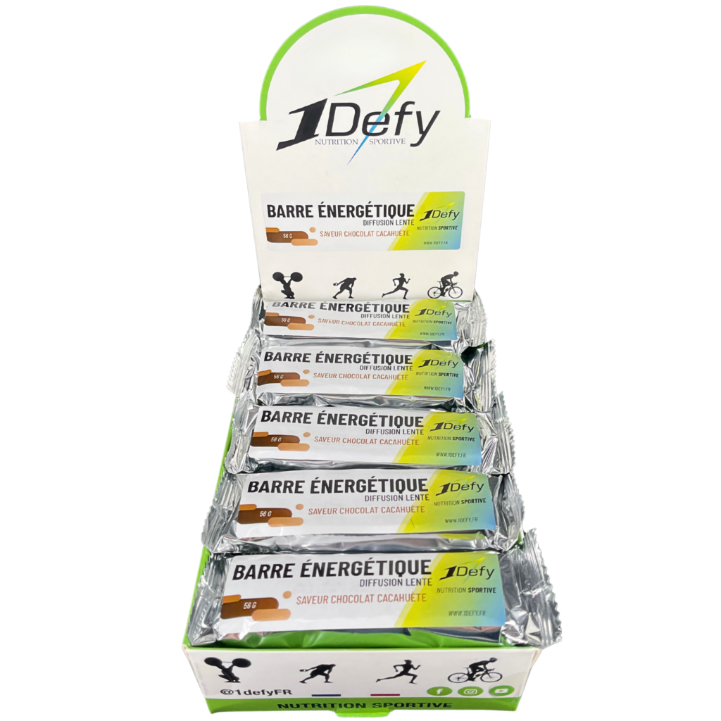 Boite de 15 barres énergétiques diffusion lente saveur chocolat cacahuète, nutrition pendant effort, 1Defy Nutrition Sportive Made in Bourgogne, Made in France