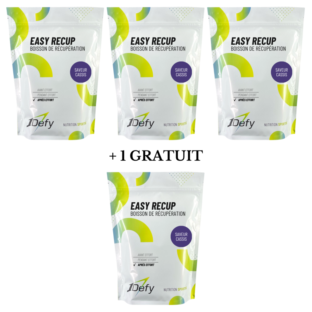 Boisson de récupération Easy recup saveur cassis, offre 3+1 gratuit, 1Defy Nutrition Sportive Made in Bourgogne Made in France