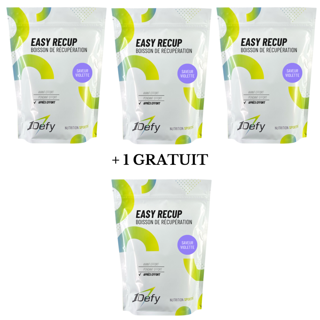 Boisson de récupération Easy recup saveur violette, offre 3+1 gratuit, 1Defy Nutrition Sportive Made in Bourgogne Made in France