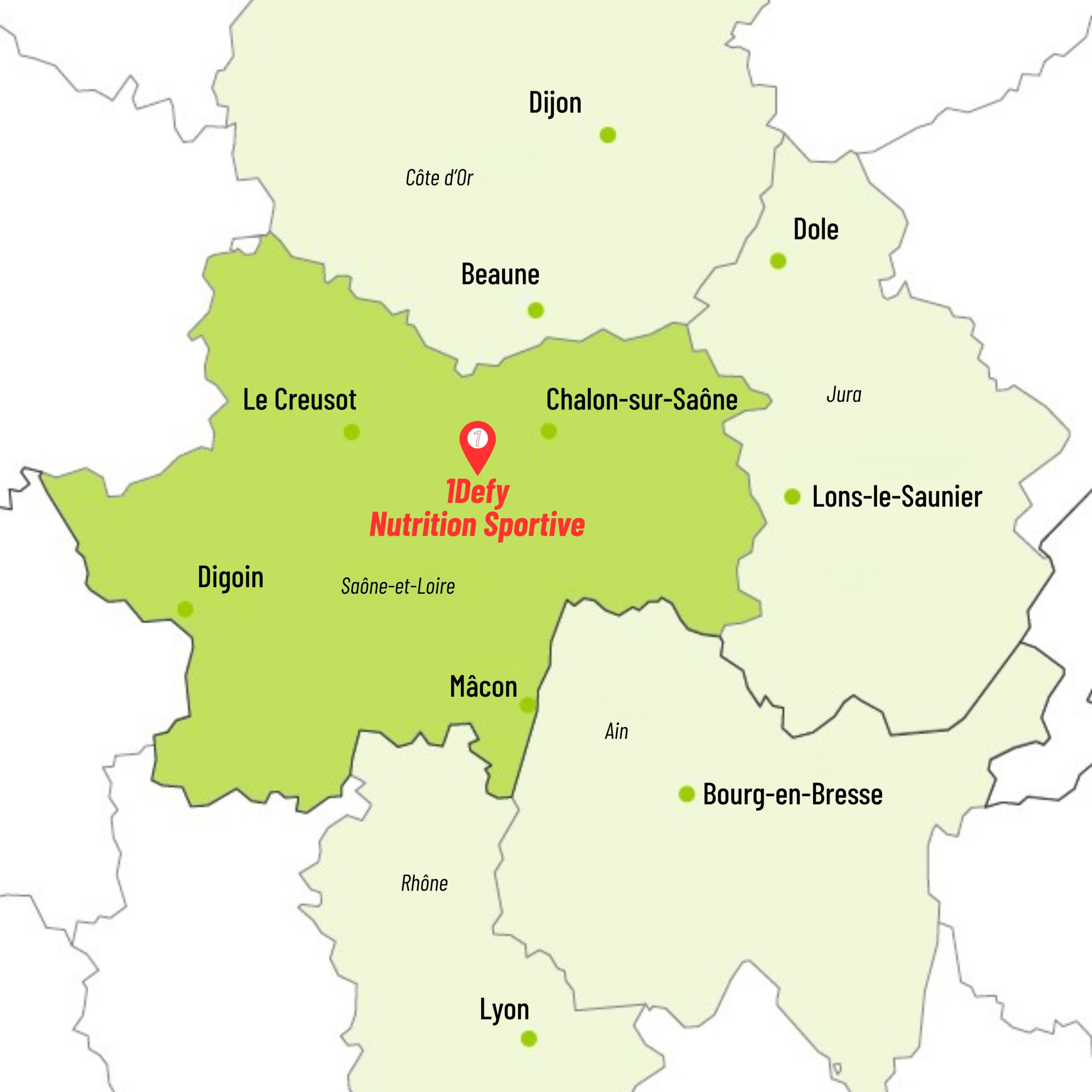 Carte de la France zoomé qui localise l'entreprise 1Defy Nutrition Sportive Made in Bourgogne